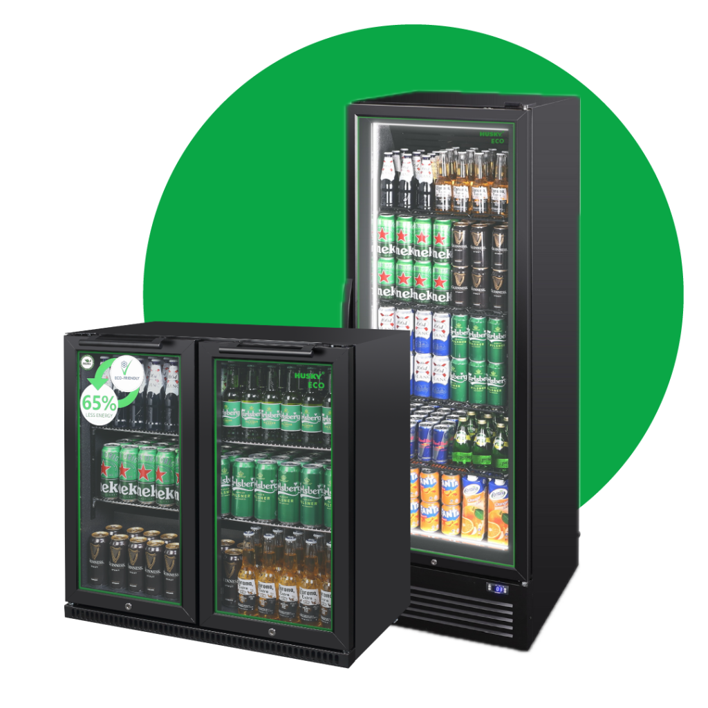 Husky Double Boor Eco Back Bar and Husky Upright Single Door Eco Fridge over a green circle