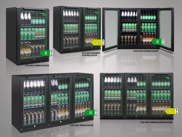 Five glass-door refrigerators display various beverages, including Heineken and Carlsberg bottles, set against a plain background. Labels read: "C1H-ECO SINGLE DOOR," "C25-ECO DOUBLE SLIDING DOOR," "C2H-ECO DOUBLE DOOR," "C3H-ECO TRIPLE DOOR," "C35-ECO TRIPLE SLIDING DOOR." Energy ratings are shown with "B" and "C" symbols.