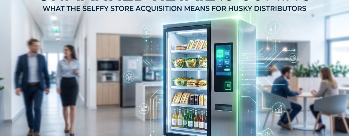 Smart vending fridge with glowing IoT graphics in an office lounge with people blurred in the background.