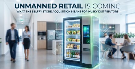 Smart vending fridge with glowing IoT graphics in an office lounge with people blurred in the background.