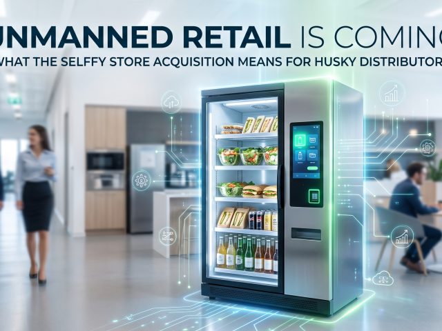 Smart vending fridge with glowing IoT graphics in an office lounge with people blurred in the background.