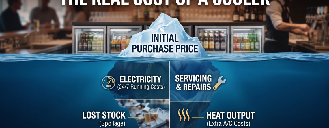 "The Real Cost of a Cooler" featuring an iceberg metaphor set against a blurred commercial bar background. Above the waterline, the visible tip of the iceberg represents the "Initial Purchase Price". Below the waterline, the hidden bulk reveals ongoing costs including "Electricity (24/7 Running Costs)", "Servicing & Repairs", "Lost Stock (Spoilage)", "Heat Output (Extra A/C Costs)", and "Refrigerant & Compliance