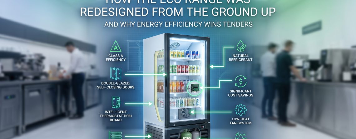 Technical diagram of a commercial glass-door display fridge highlighting key Husky ECO Range energy-efficiency features, set against a blurred commercial kitchen background.
