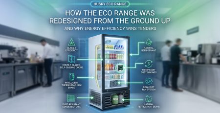 Technical diagram of a commercial glass-door display fridge highlighting key Husky ECO Range energy-efficiency features, set against a blurred commercial kitchen background.